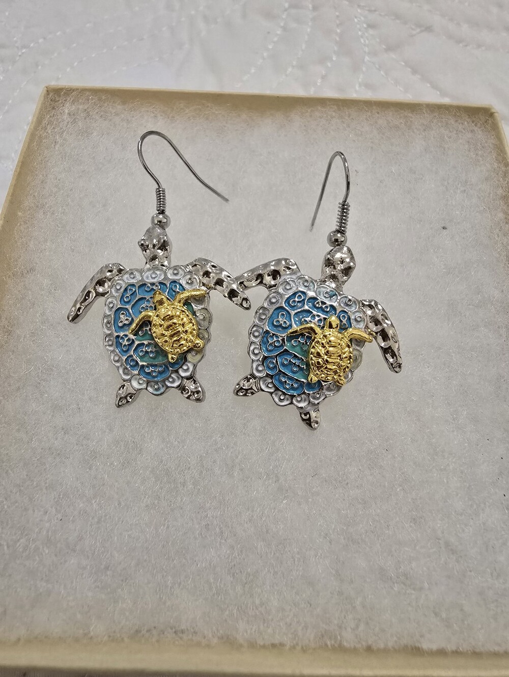 DarlingTurtle Drop Earrings with Blue Shell and Gold Accent